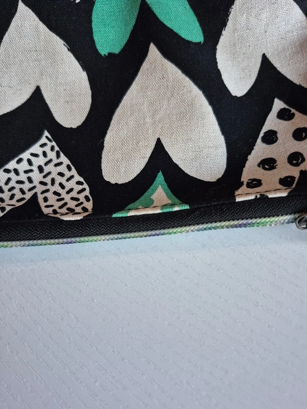 Black & teal heart Canvas Cosmetic Bag w/ black nickel Heart-Shaped Zipper Pull